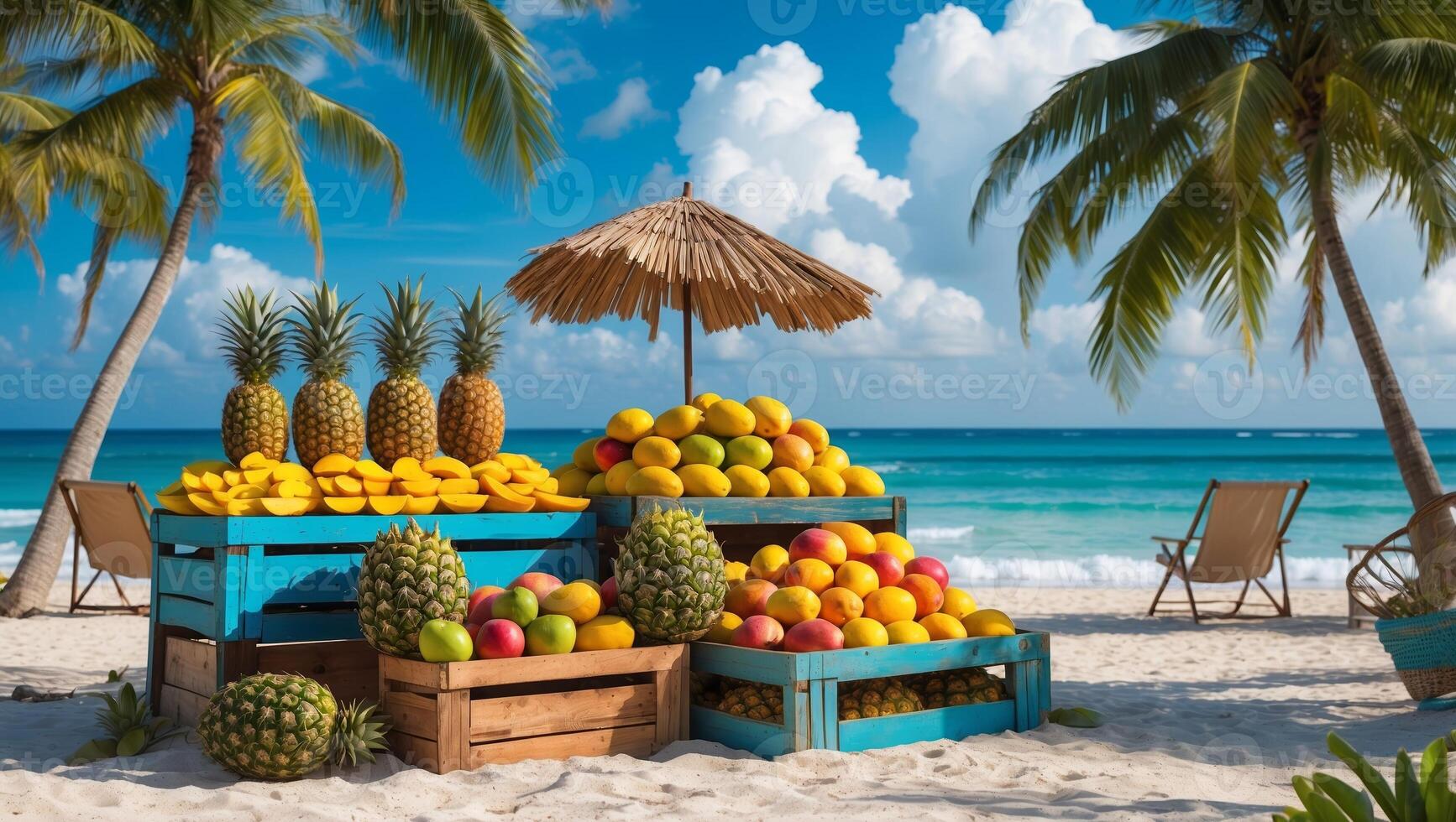 Vibrant fruit stand on a sandy beach under palm trees with bright blue ocean waves on a sunny day photo