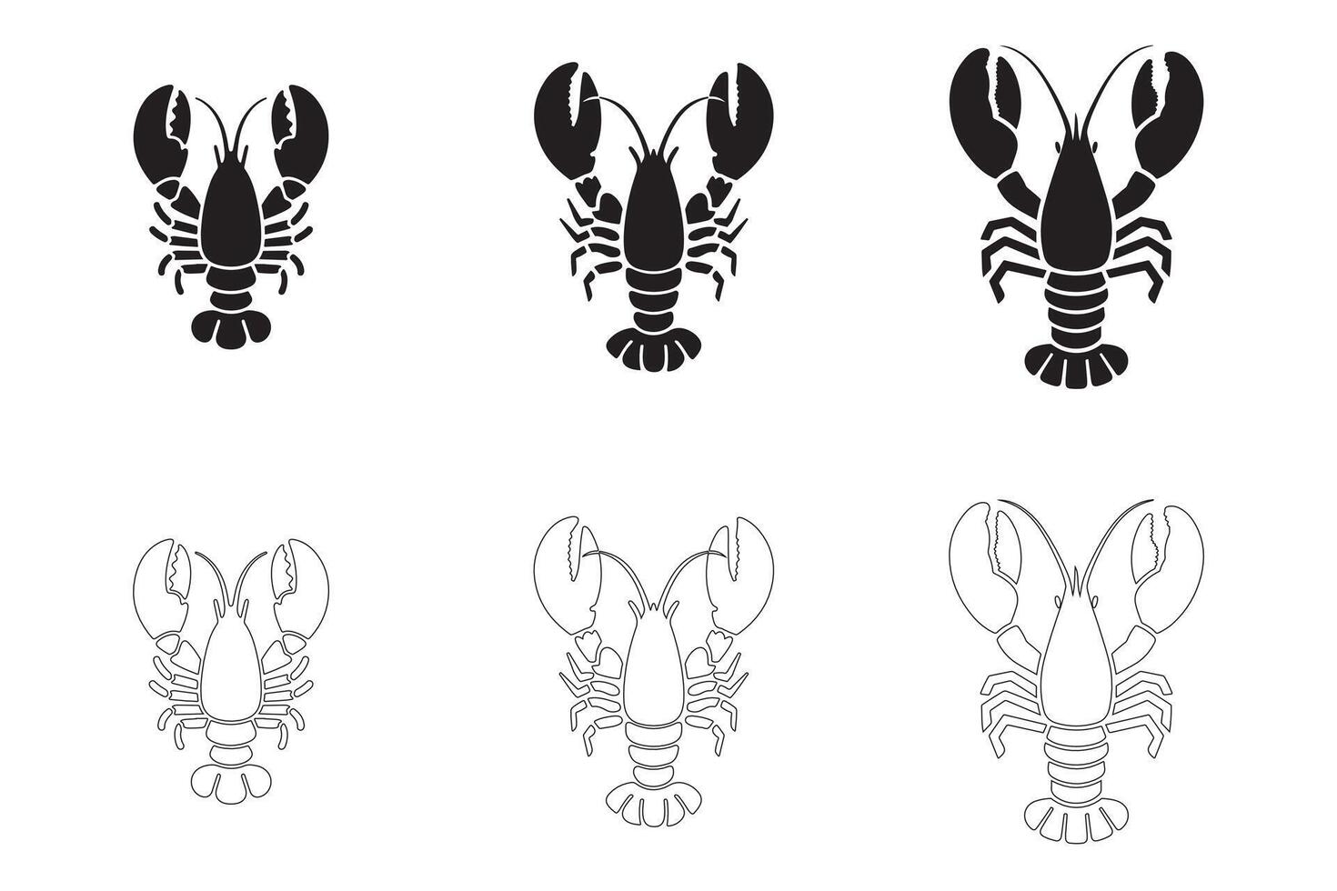 Lobster Icons Set Solid and Outline Styles in Black on White vector