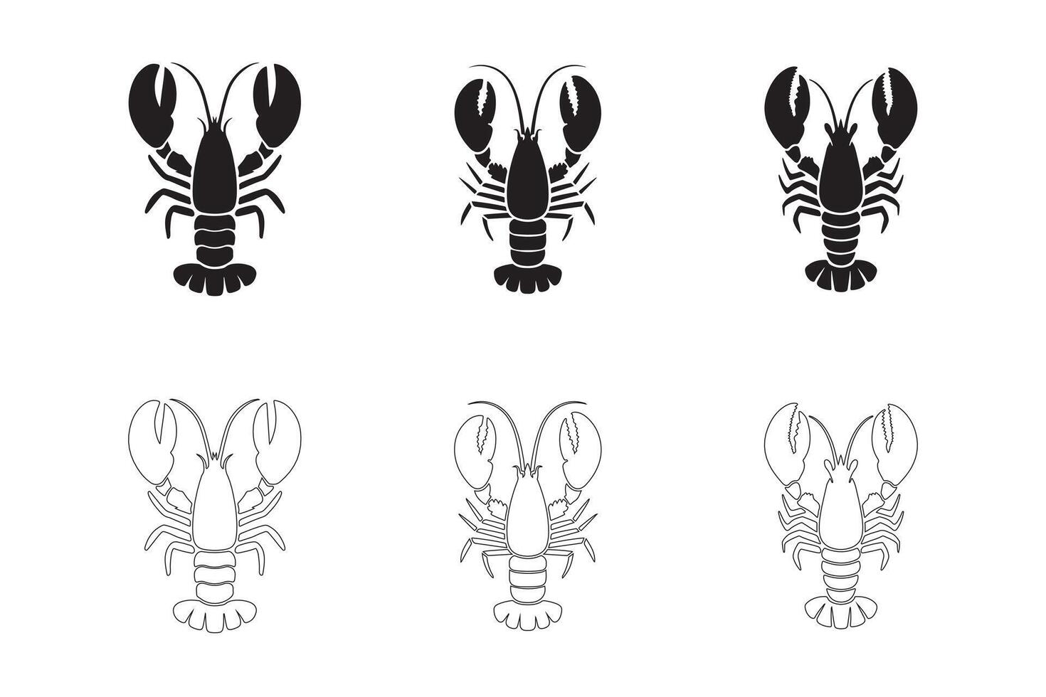 Lobster Icons Collection Solid and Outline Styles in Black on White vector