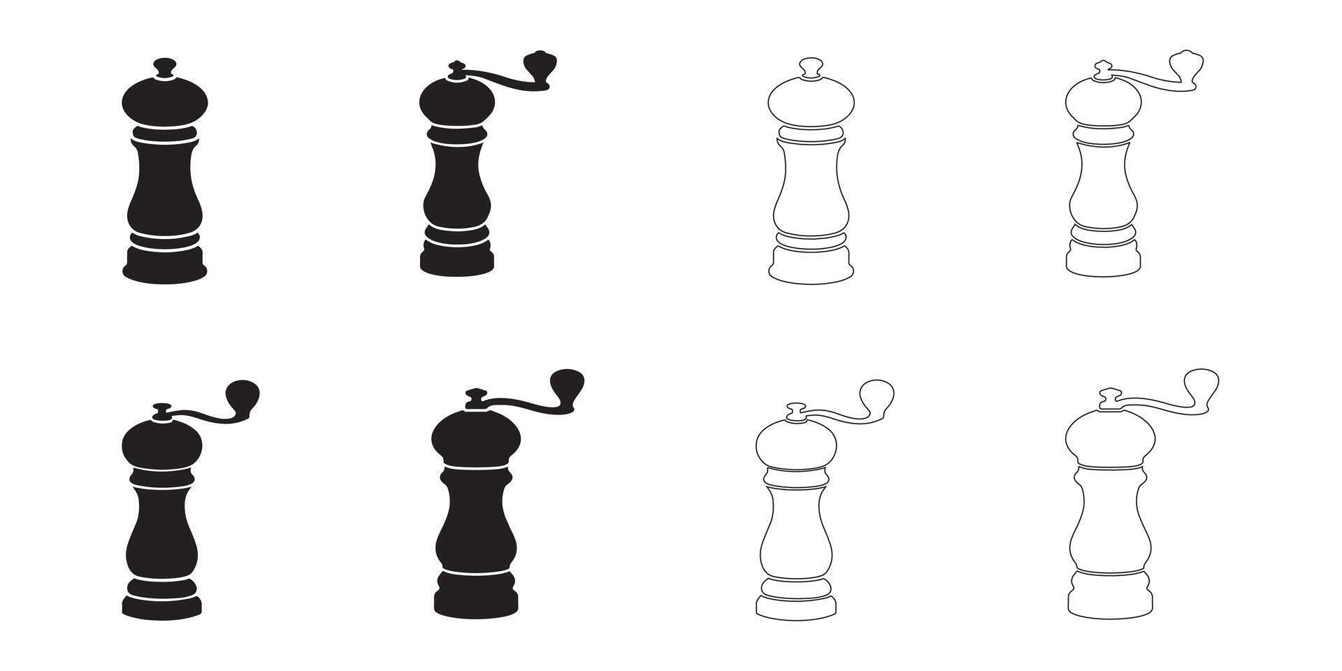 Pepper Grinder Icons Set Solid and Outline Styles in Black on White vector