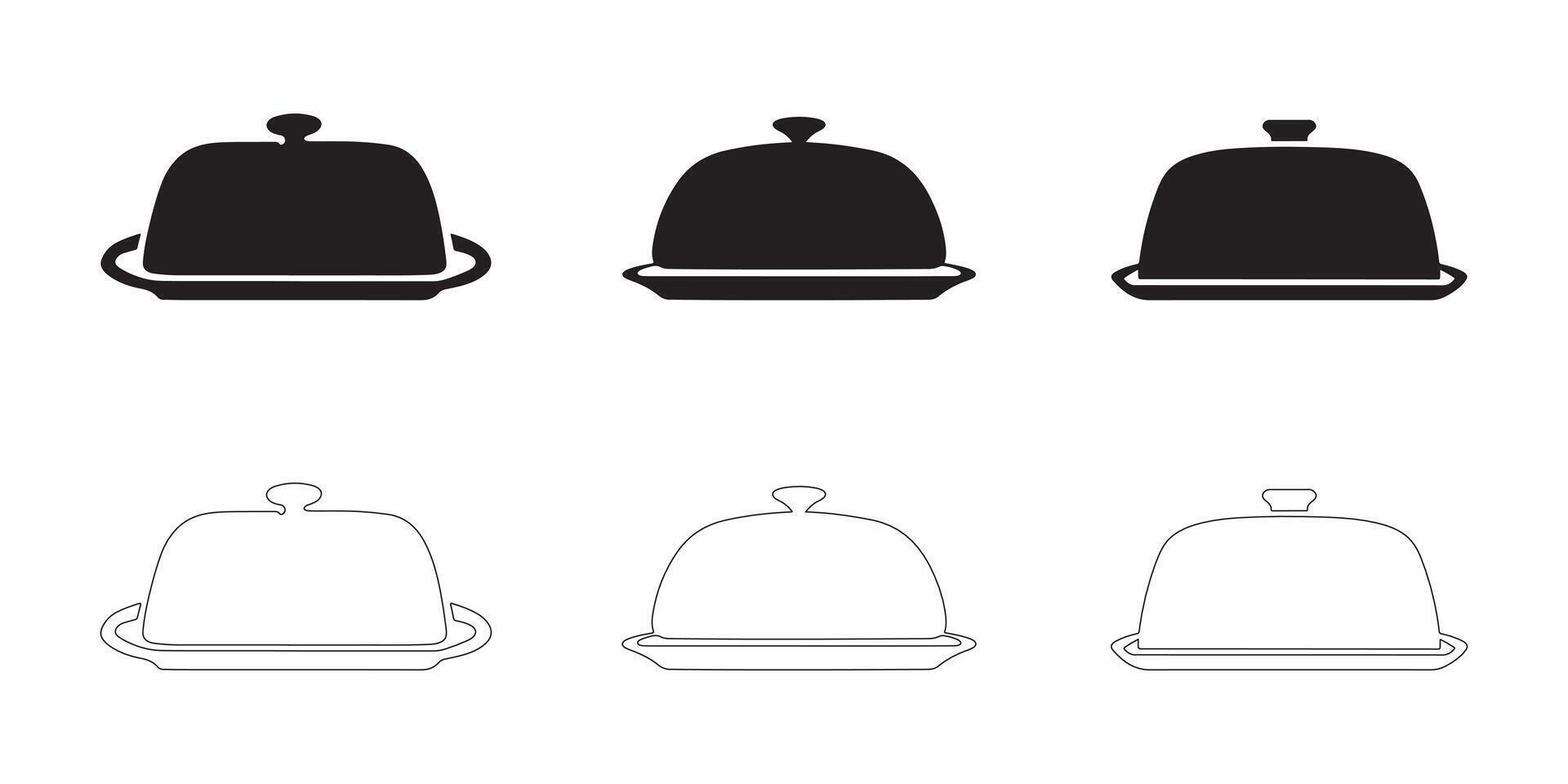 Butter Dish Icons Collection Solid and Outline Styles in Black on White vector
