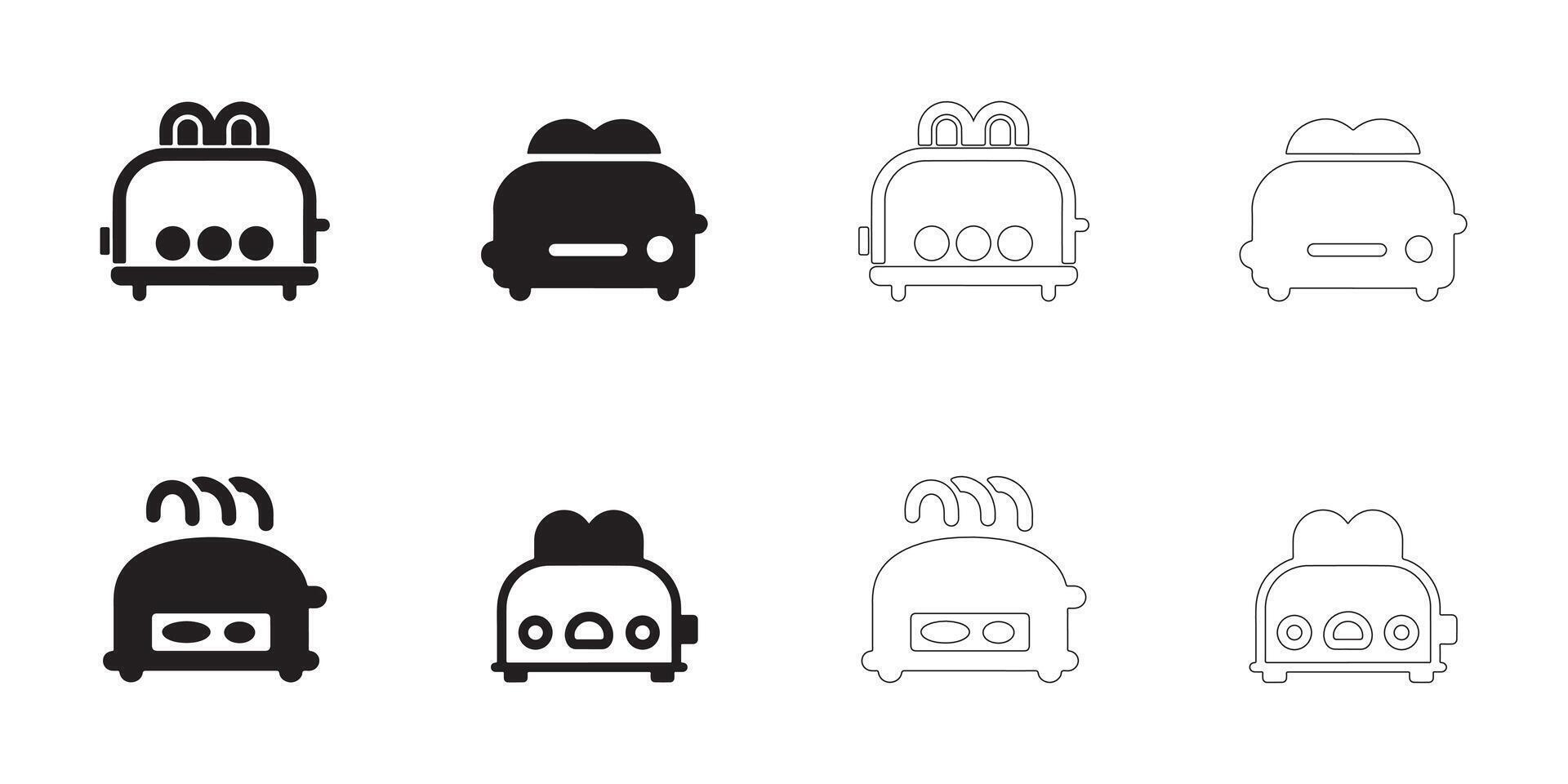 Toaster Icons Set Solid and Outline Styles in Black on White vector