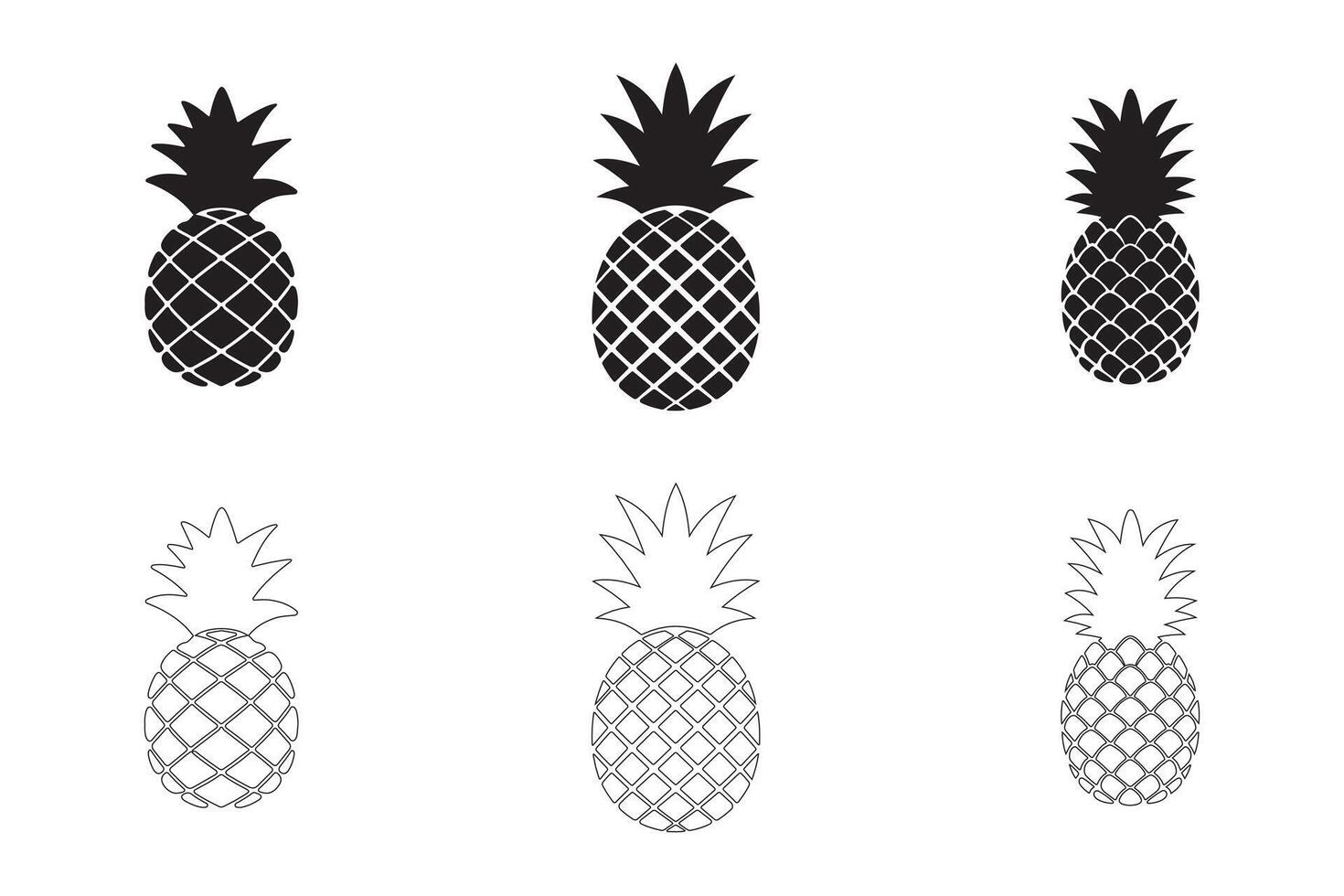 Pineapple Icons Set Solid and Outline Styles in Black on White vector