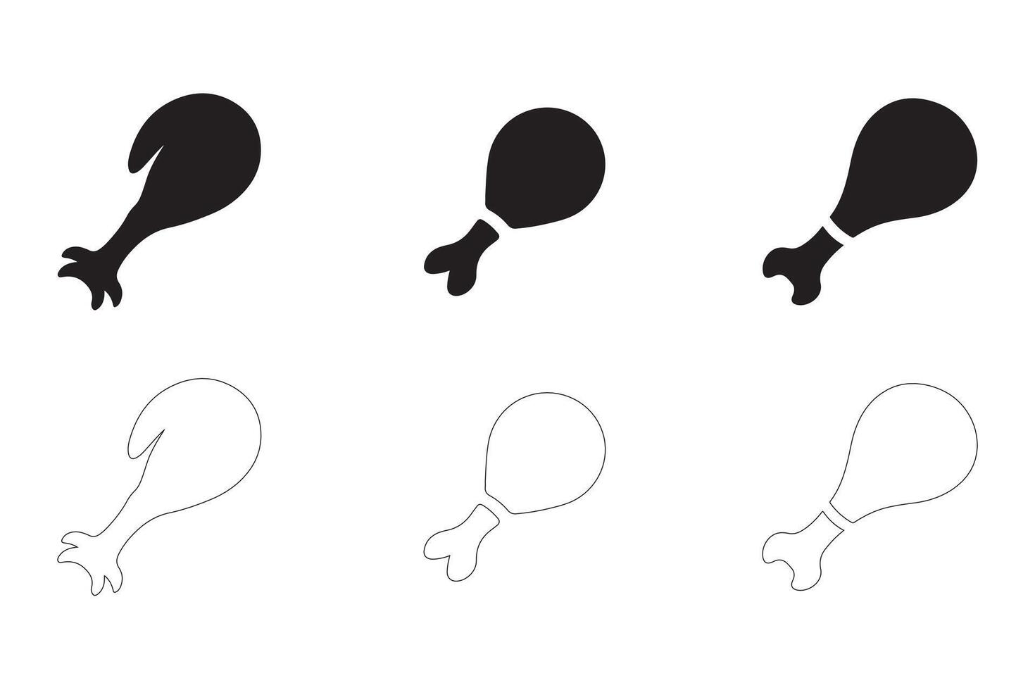 Chicken Drumstick Icons Set Solid and Outline Styles in Black on White vector