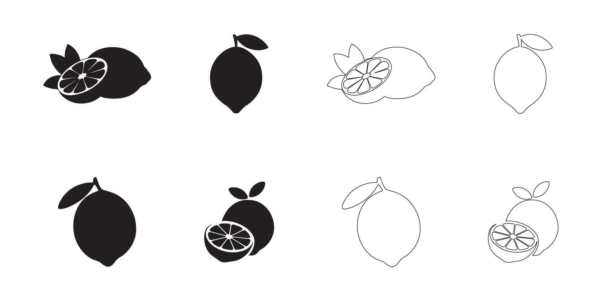 Lemon Icons Set Solid and Outline Styles in Black on White vector