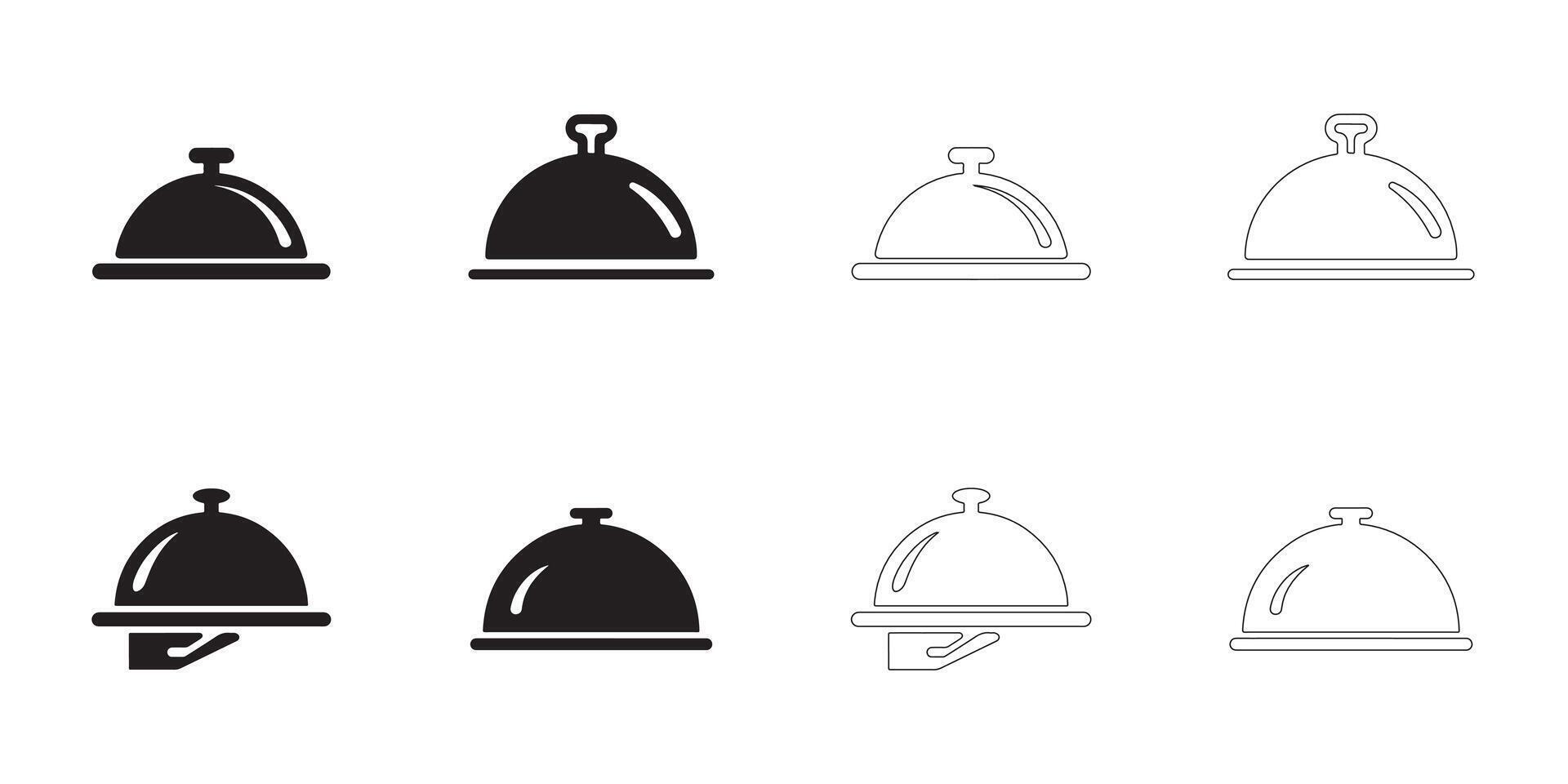 Serving Dish Icons Set Solid and Outline Styles in Black on White vector