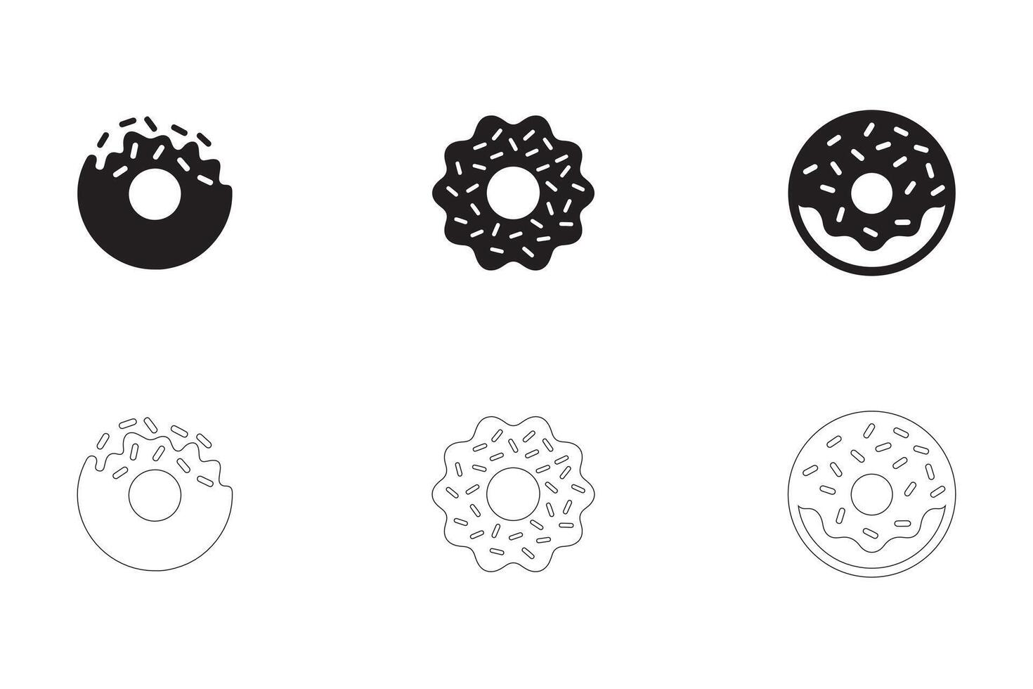 Donuts Icons Set Solid and Outline Styles in Black on White vector