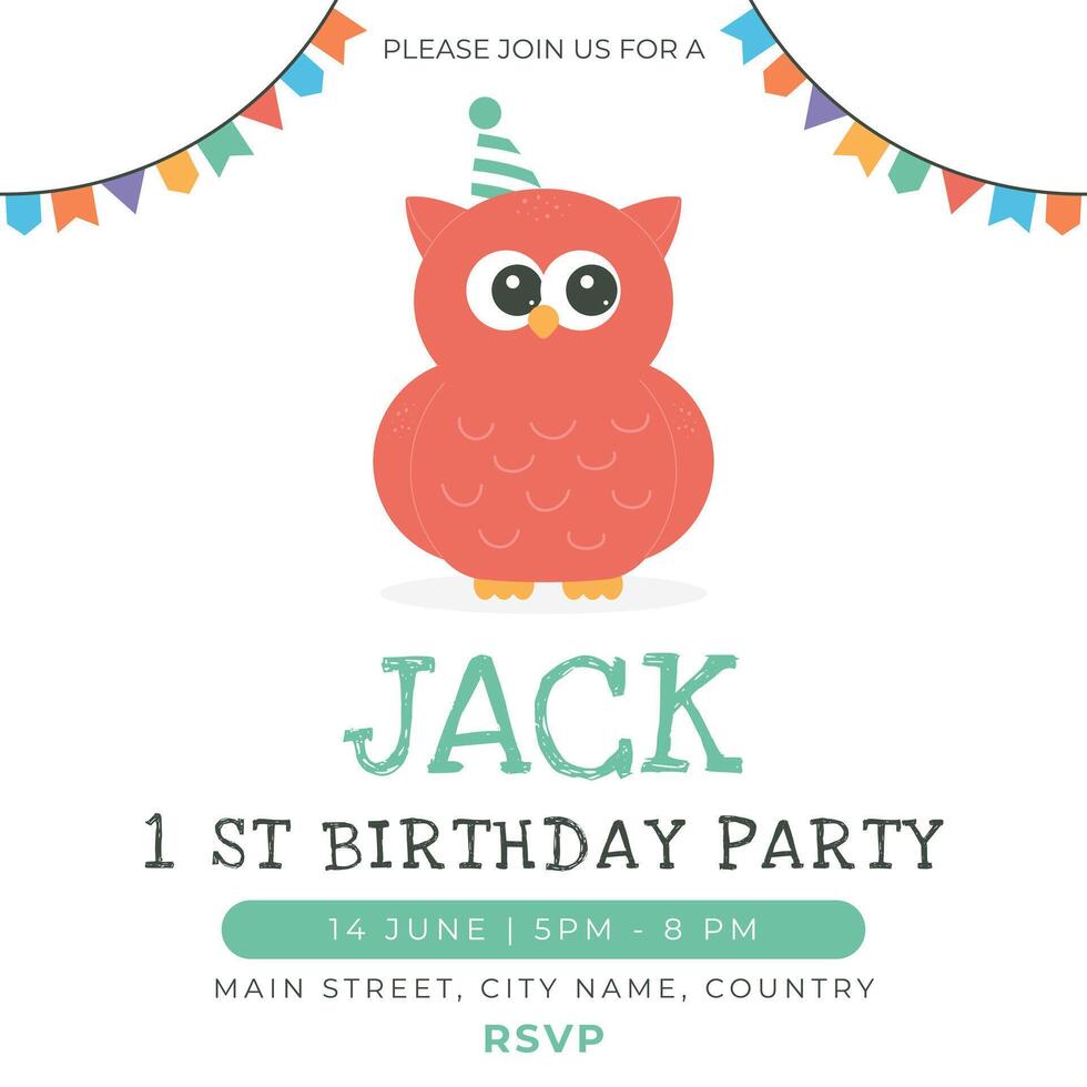 Greeting and invitation card for kids 1st Birthday party. Cute baby owl in flat childrens style. illustration, design for card, poster, event vector