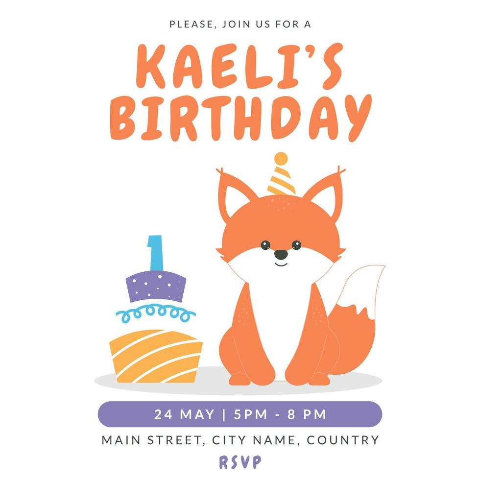 Greeting and invitation card for kids first Birthday party. Cute baby animal fox and cake with number 1 in flat childrens style. illustration, design for card, poster, event vector