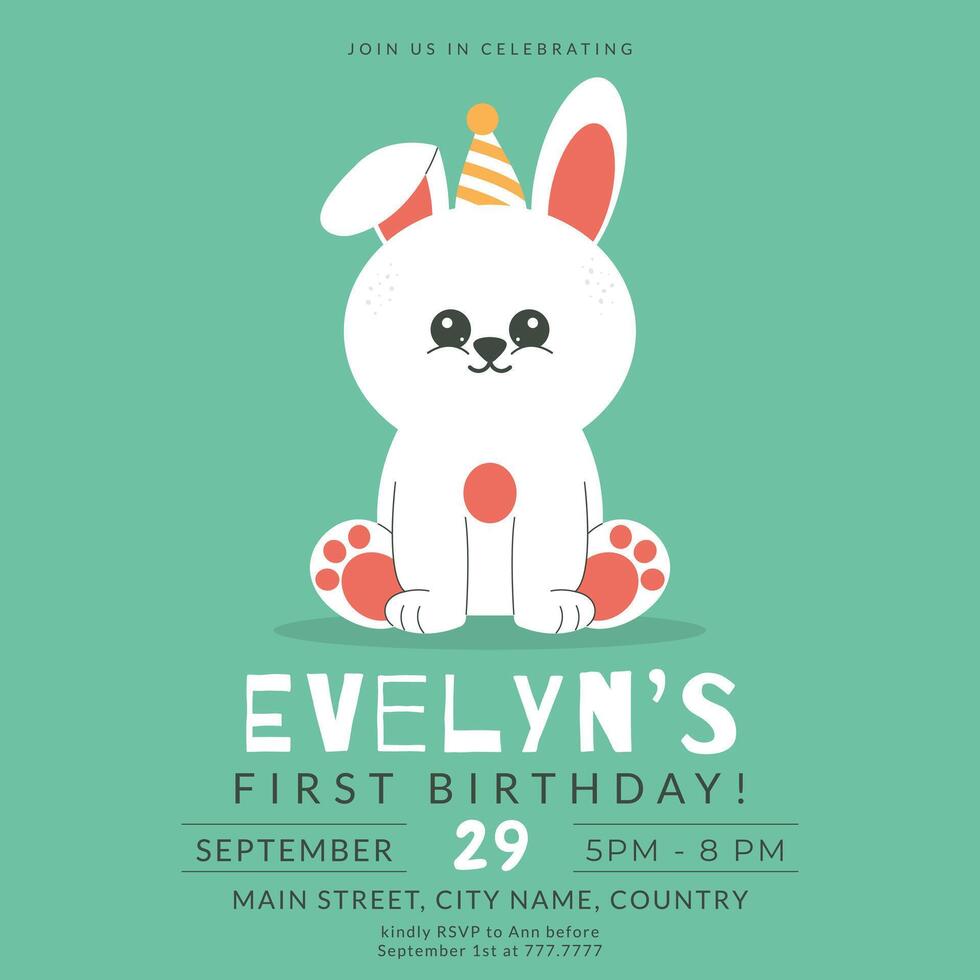 Greeting and invitation card for kids first Birthday party. Cute baby rabbit in flat childrens style. illustration, design for card, poster, banner vector