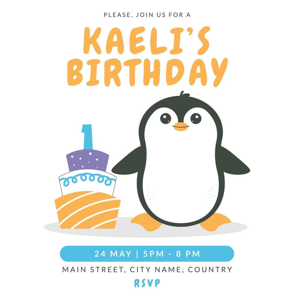 Greeting and invitation card for kids Birthday party. Cute baby animal penguin and cake with number 1 in flat childrens style. illustration, design for card, poster, event vector