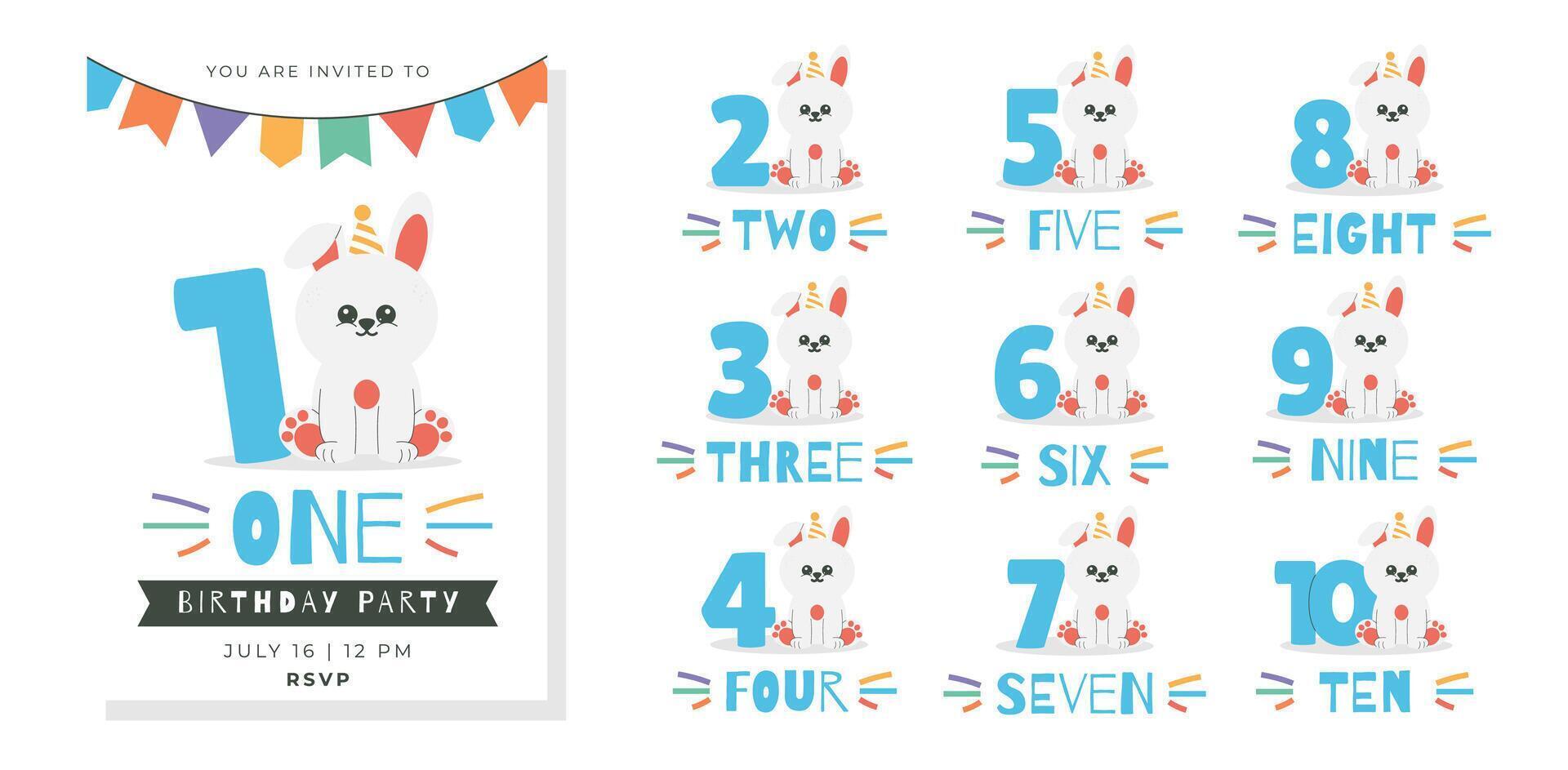 Greeting and invitation for kids Birthday party. Cute bunny in hat, text, number and rabbit in flat childrens style. illustration collection, design for card, poster, event, prints vector