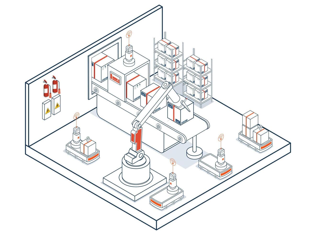 Automated Warehouse and Transport Operations using AGVs Automated Guided Vehicles and AMRs Autonomous Mobile Robots for efficient robotic material handling and logistics. vector