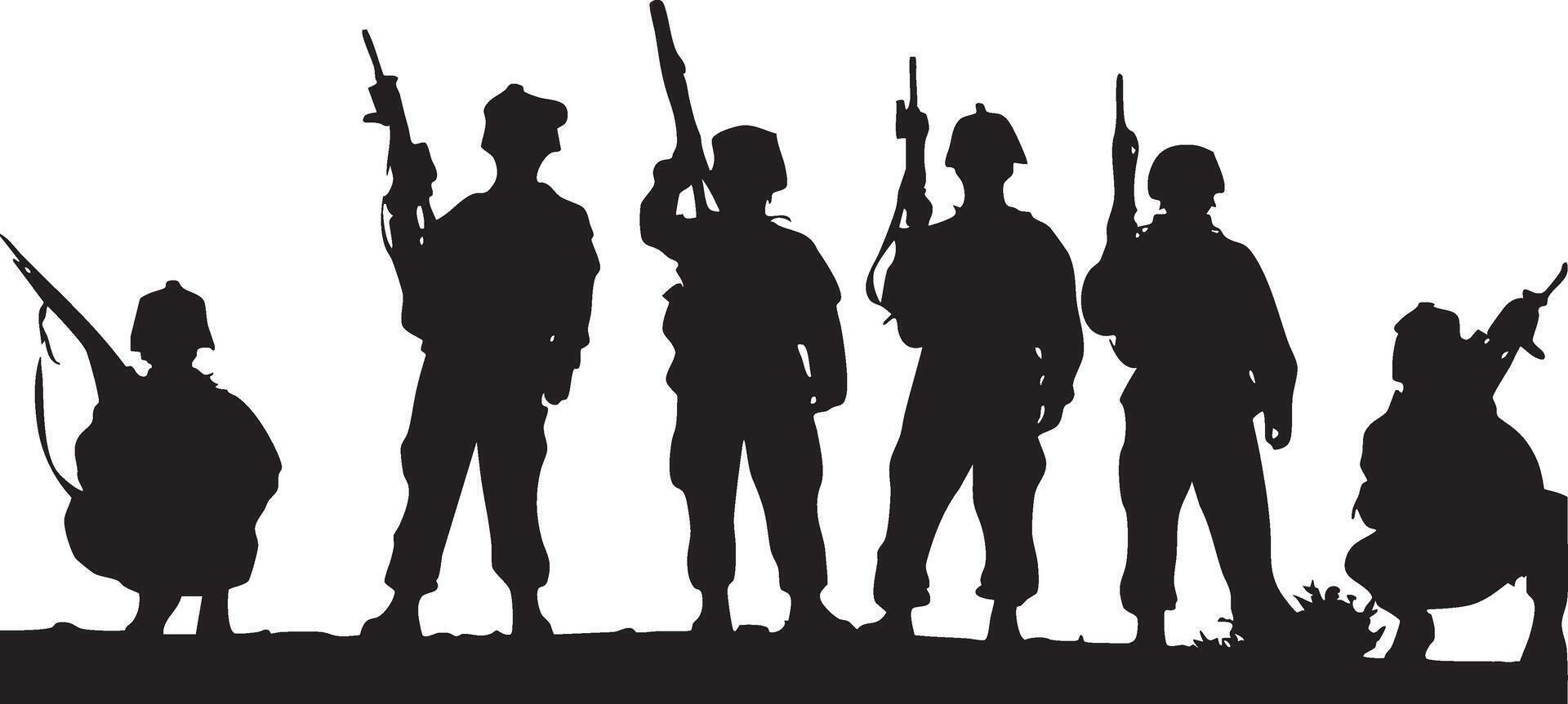 set of silhouettes of soldiers with guns and rifles. vector