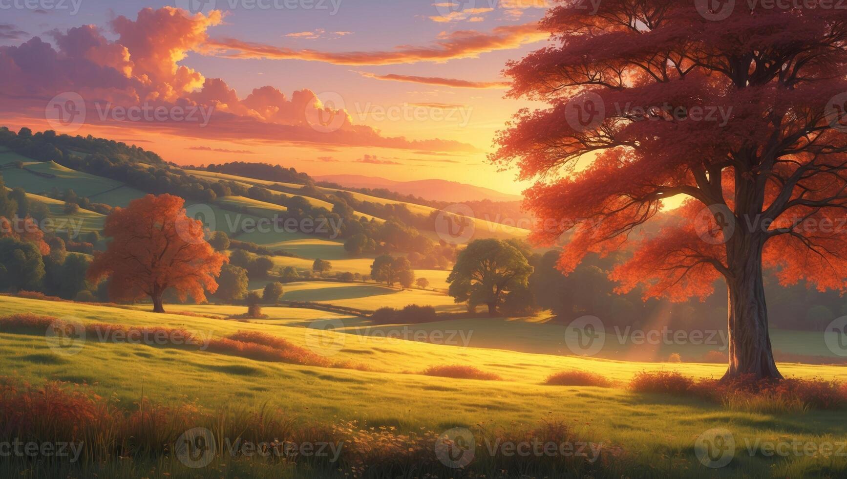 Autumn sunset over rolling hills with vibrant foliage and serene landscape view in a tranquil countryside setting photo