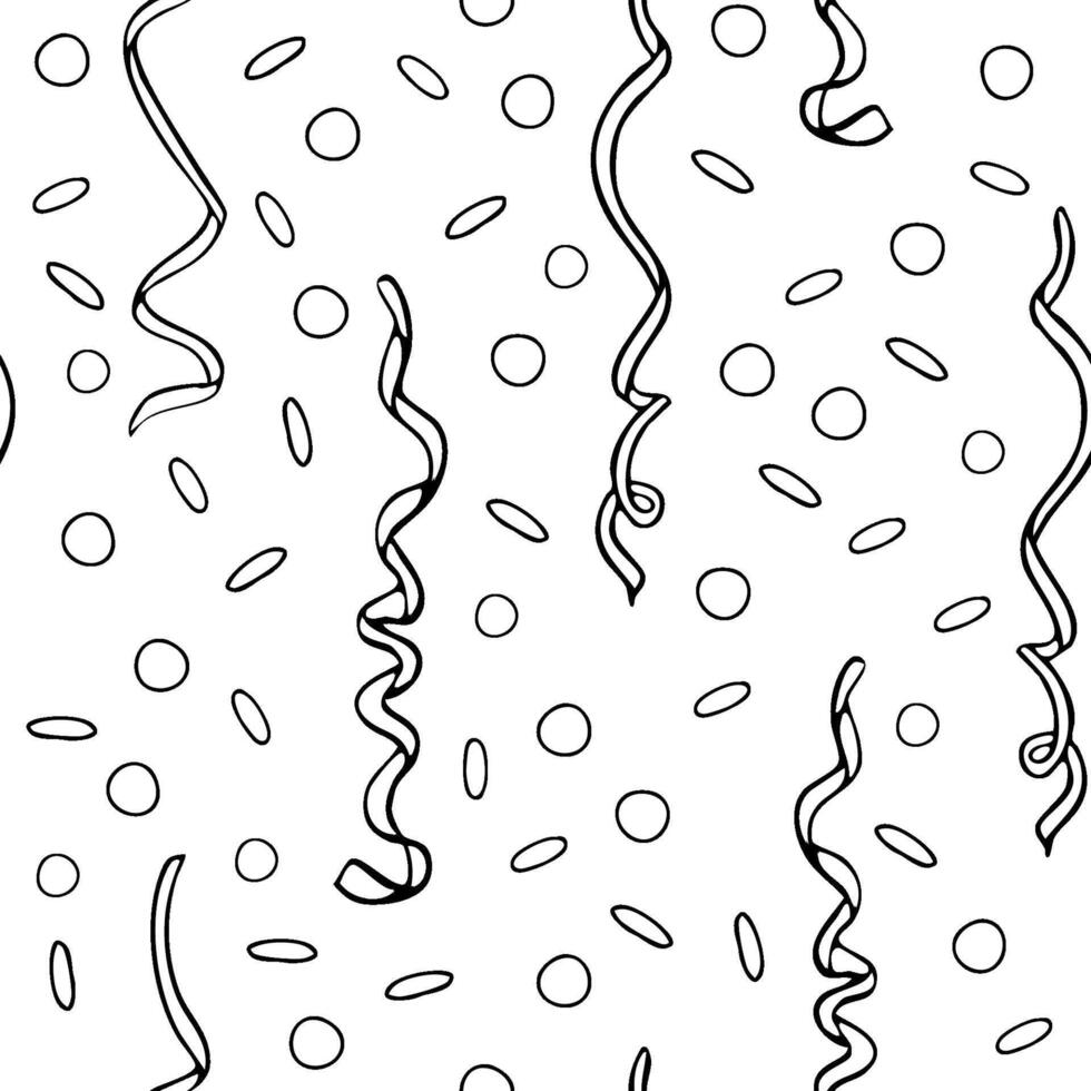 Black and white confetti ribbons seamless pattern for birthday, Purim and Mardi Gras carnival celebration design. Ink line repeat background in simple style vector