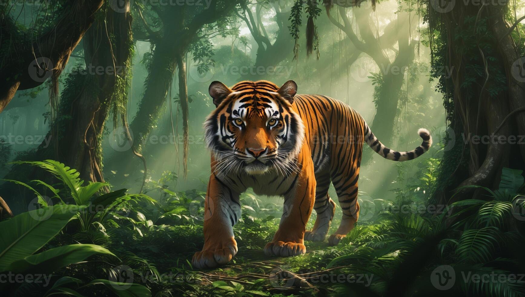 Majestic tiger walking through dense jungle with sunlight filtering through trees at midday photo