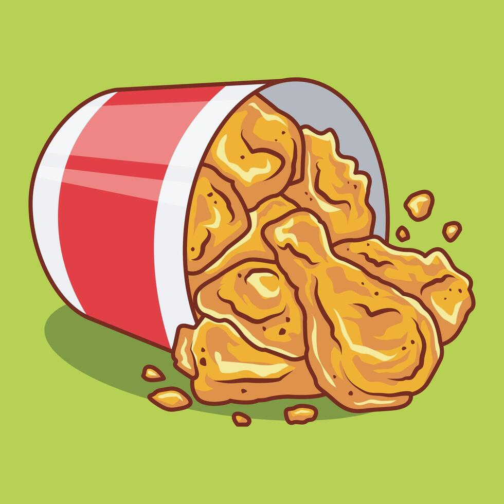 cartoon bucket of fried crispy chicken spilling. premium dining icon vector