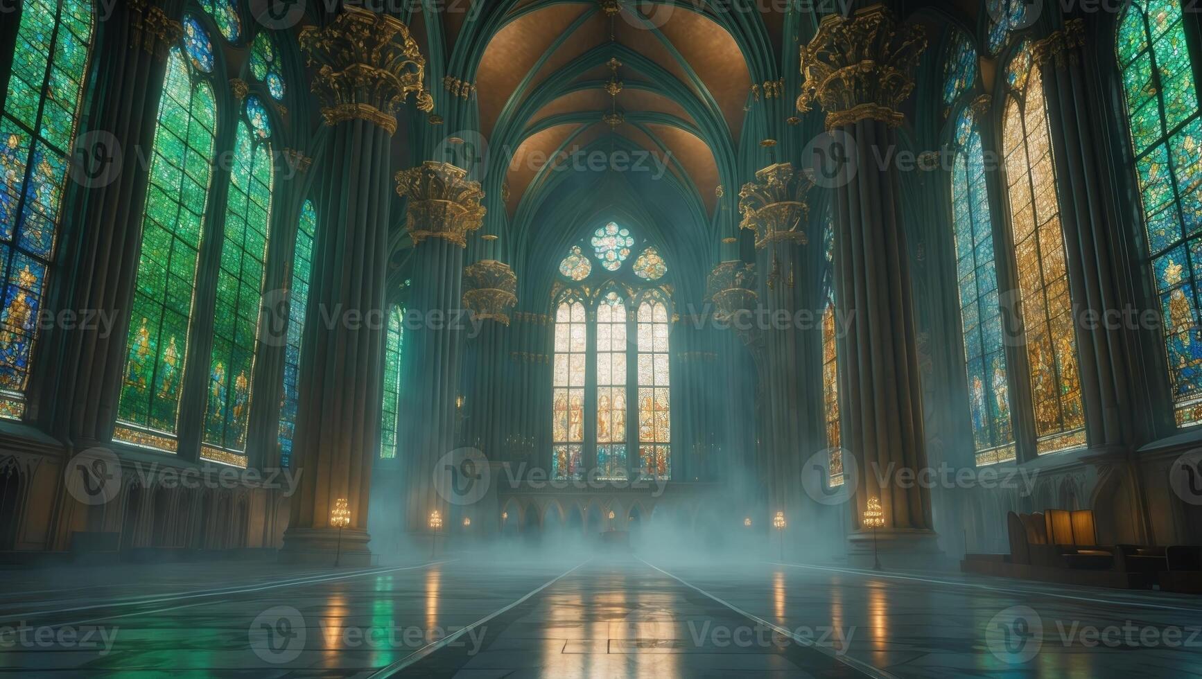 Grand cathedral interior with stained glass windows and mist in a serene atmosphere during daylight photo