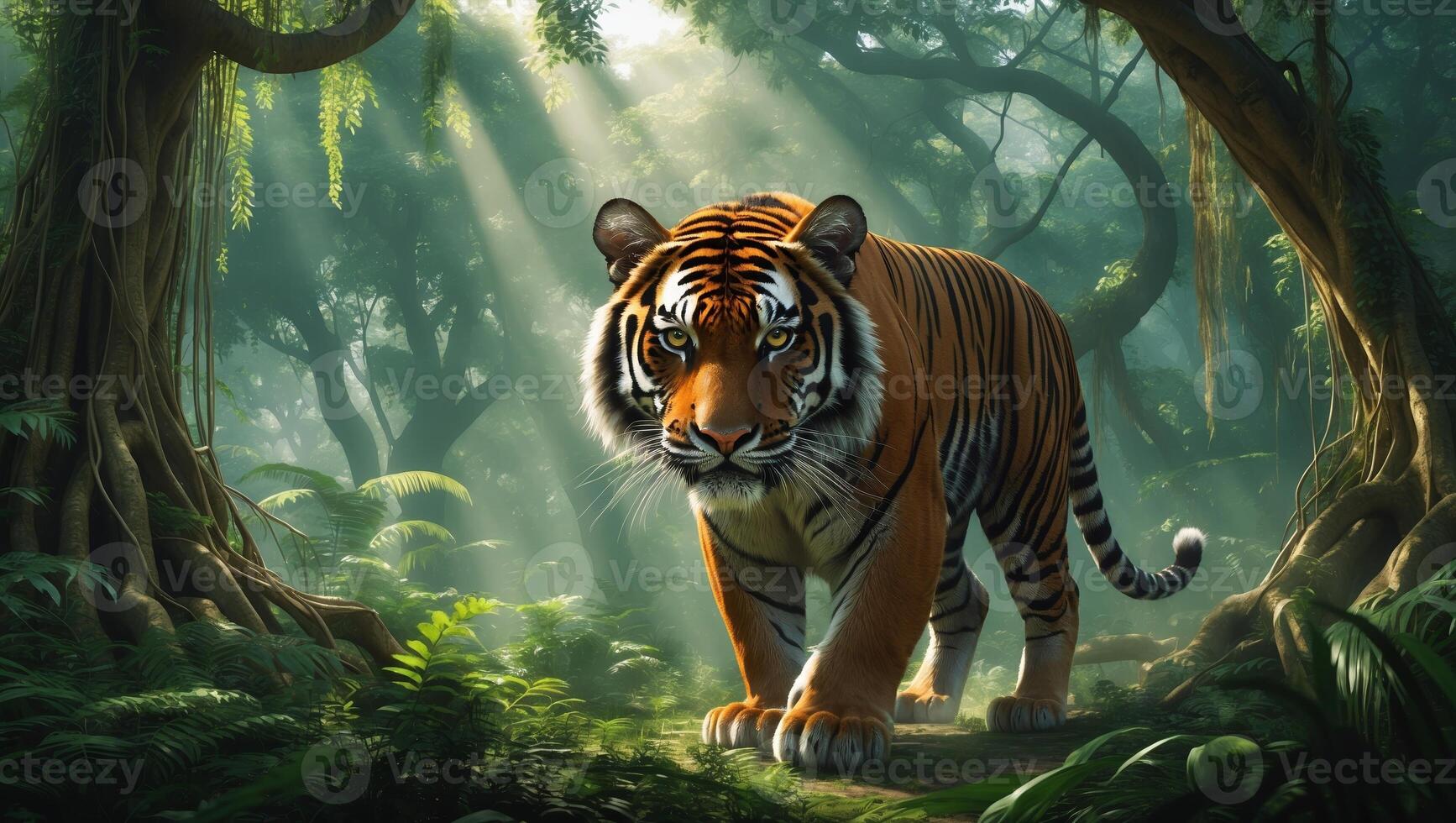 Majestic tiger walking through dense jungle with sunlight filtering through lush trees photo