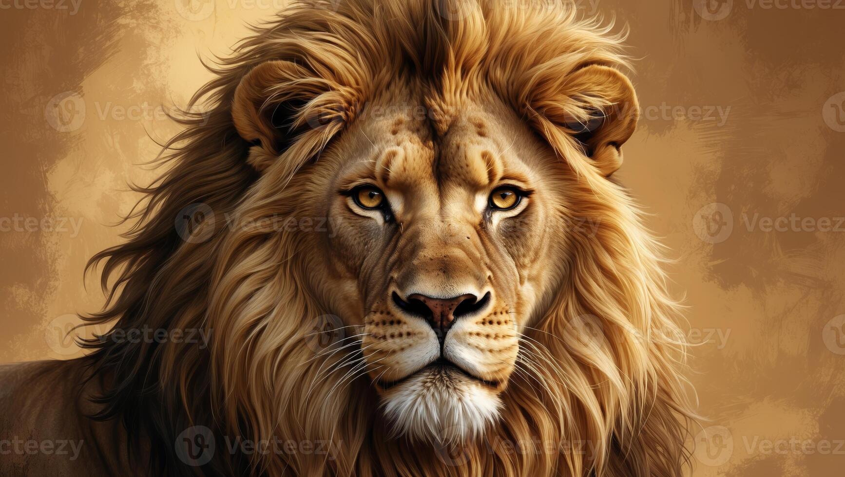 Majestic lion displaying its regal mane while resting against a warm, golden background in a natural habitat setting photo