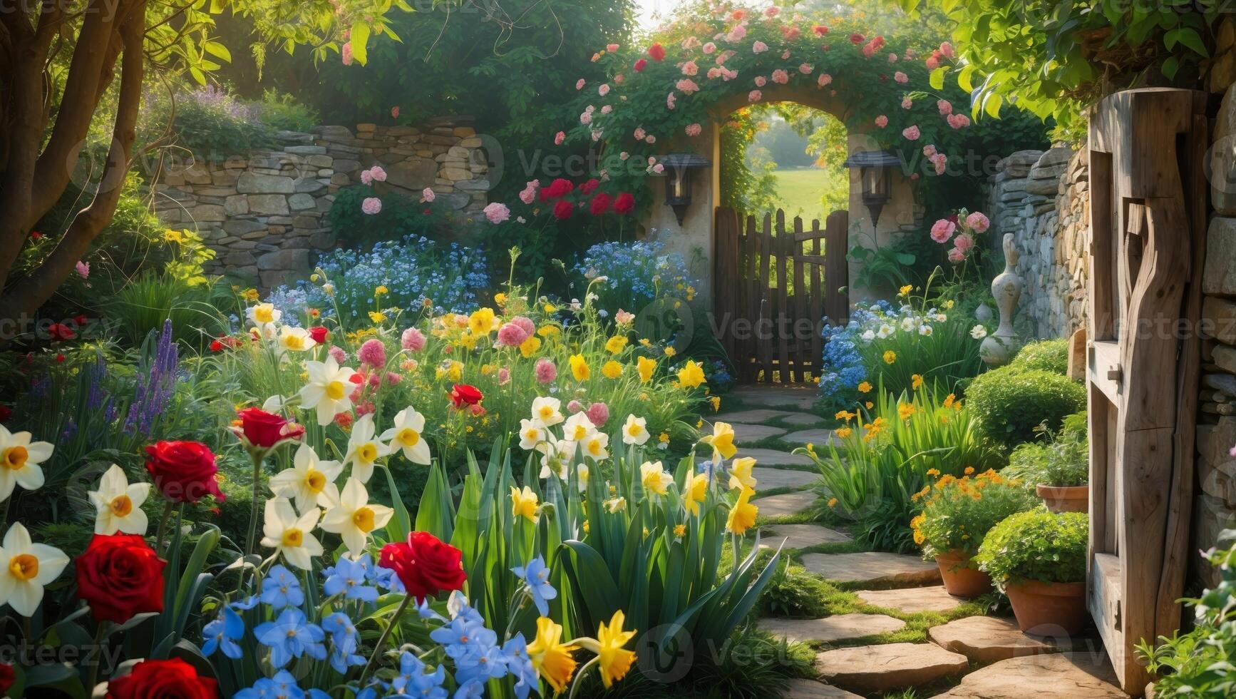 Lush garden path leading to a quaint wooden gate surrounded by vibrant flowers at the onset of spring photo