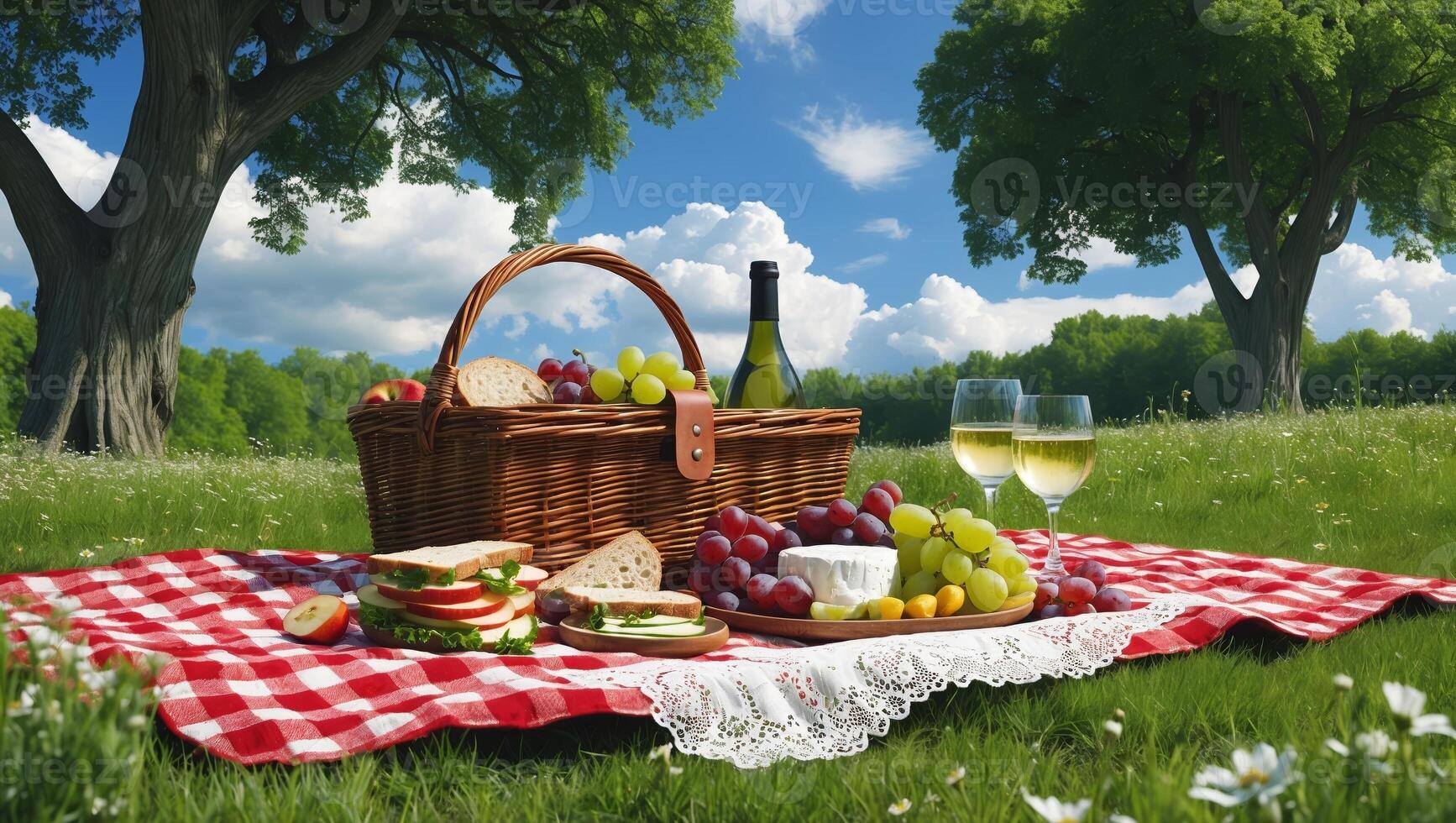Enjoying a sunny picnic with fresh food and wine in a lush green park on a beautiful day photo