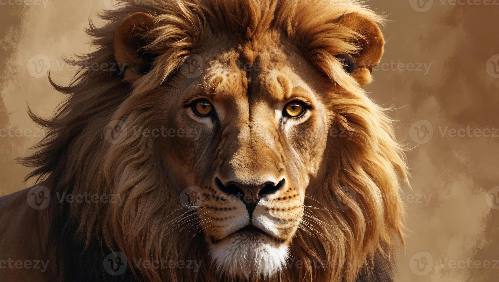 Majestic lion with intense gaze resting in the warm sunlight of the savanna photo