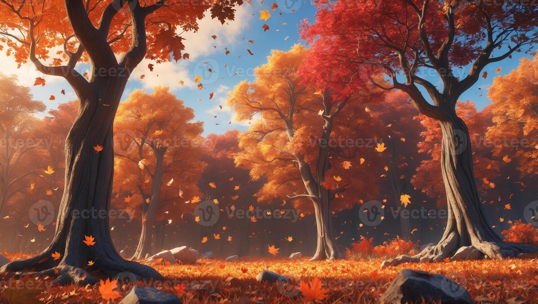 Vibrant autumn forest with dancing leaves and colorful trees under a clear blue sky photo