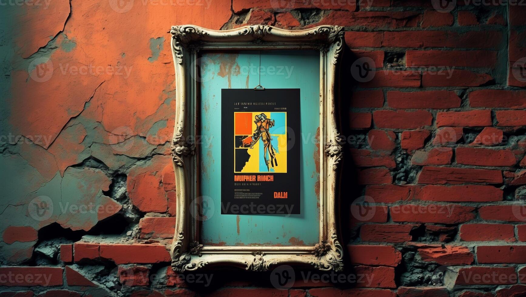 Vintage art print of surrealist style displayed in ornate frame on cracked brick wall photo