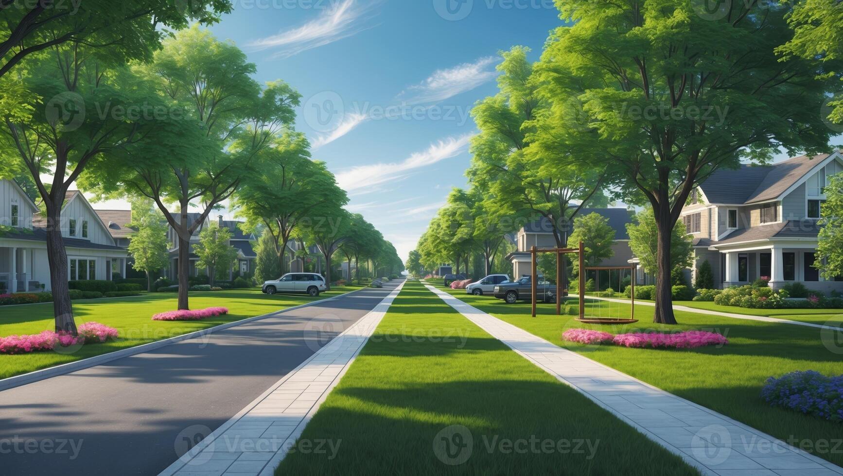 Beautiful suburban neighborhood with trees and well-kept lawns on a sunny day photo