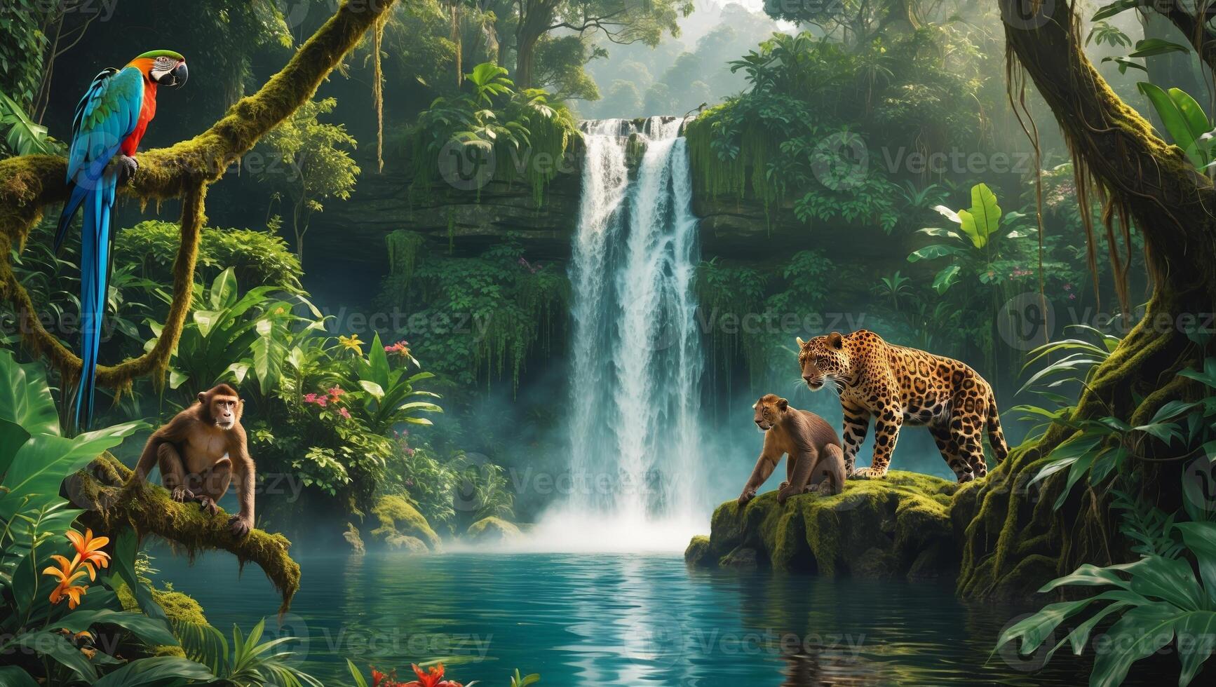 Vibrant jungle scene with waterfall and wildlife in a lush tropical forest during daytime photo