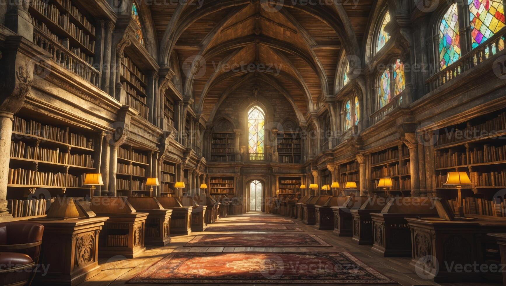 Majestic library filled with books and sunlight illuminating stained glass windows at midday photo
