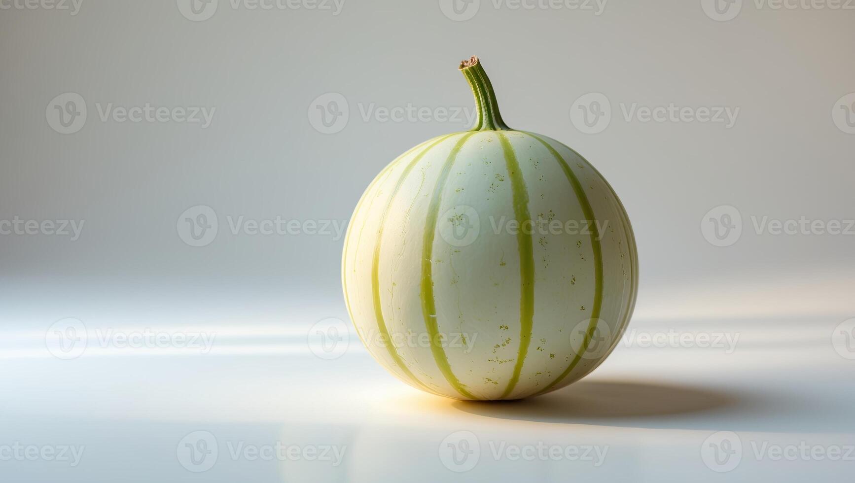 Unique round melon with pale skin and green stripes placed on a simple background under soft light photo