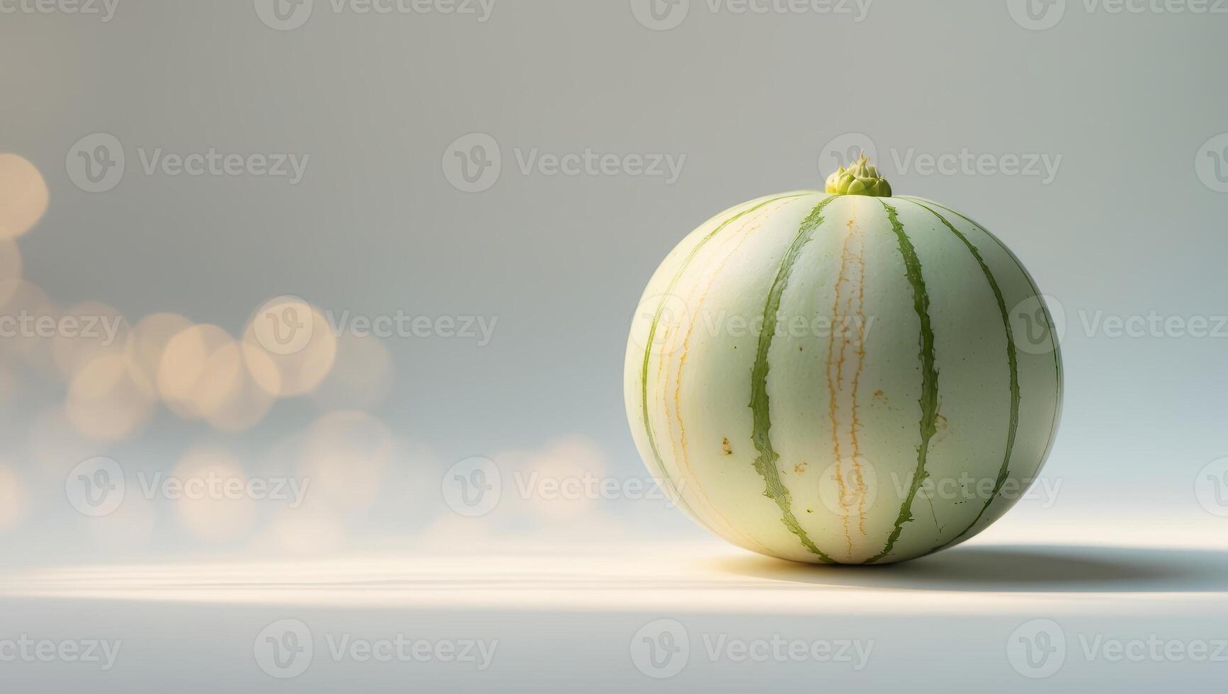 Unique striped melon placed on a bright surface with soft lighting and a bokeh background photo