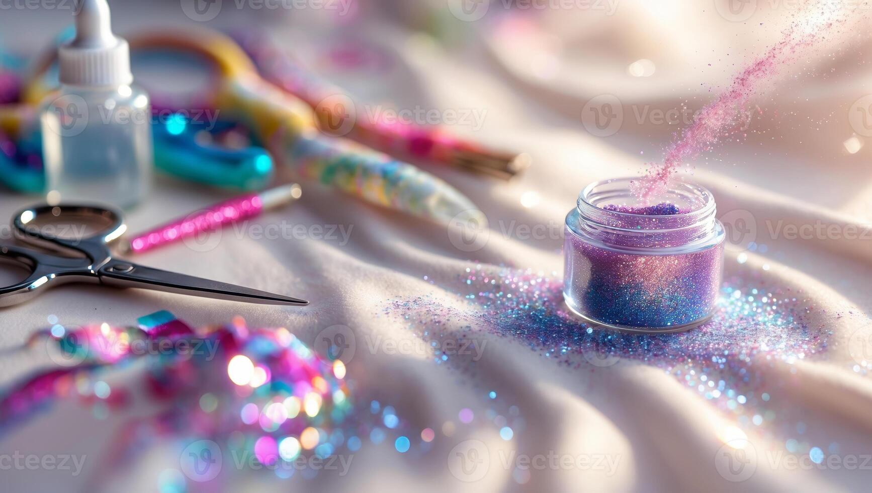 Crafting sparkle with glitter and tools in a creative workspace during a sunny afternoon photo