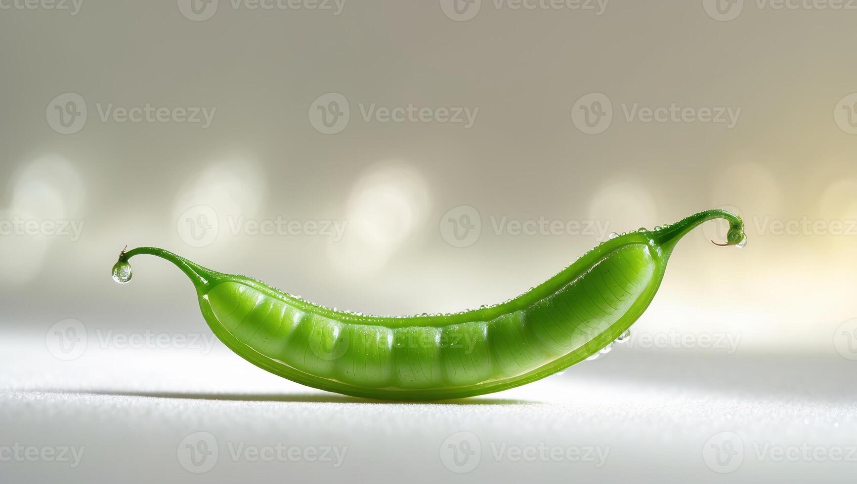 Fresh green pea pod glistening with dew on a soft surface, showcasing its natural beauty and freshness in a warm light photo
