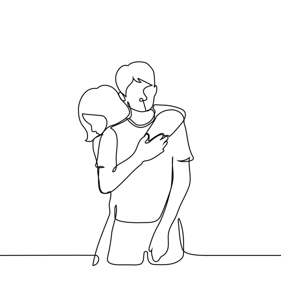 woman pressed against man's back hugging him with both hands - one line art . concept family ties, friends or siblings, love relationship vector