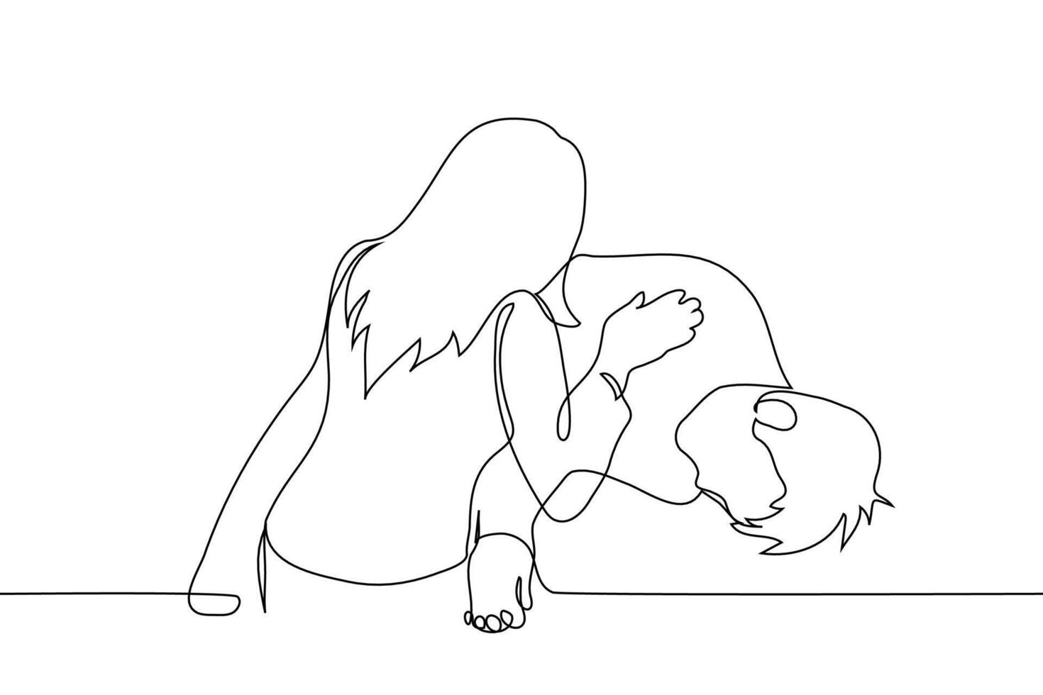 man fainted or asleep, woman wakes him up - one line art . concept wake up, fainting, first aid vector