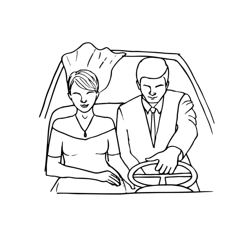 bride and groom riding in a convertible car - hand drawn line art drawing vector