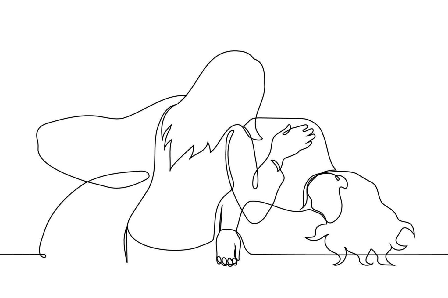 woman fainted or asleep, another woman wakes her up - one line art . concept wake up, fainted, first aid vector