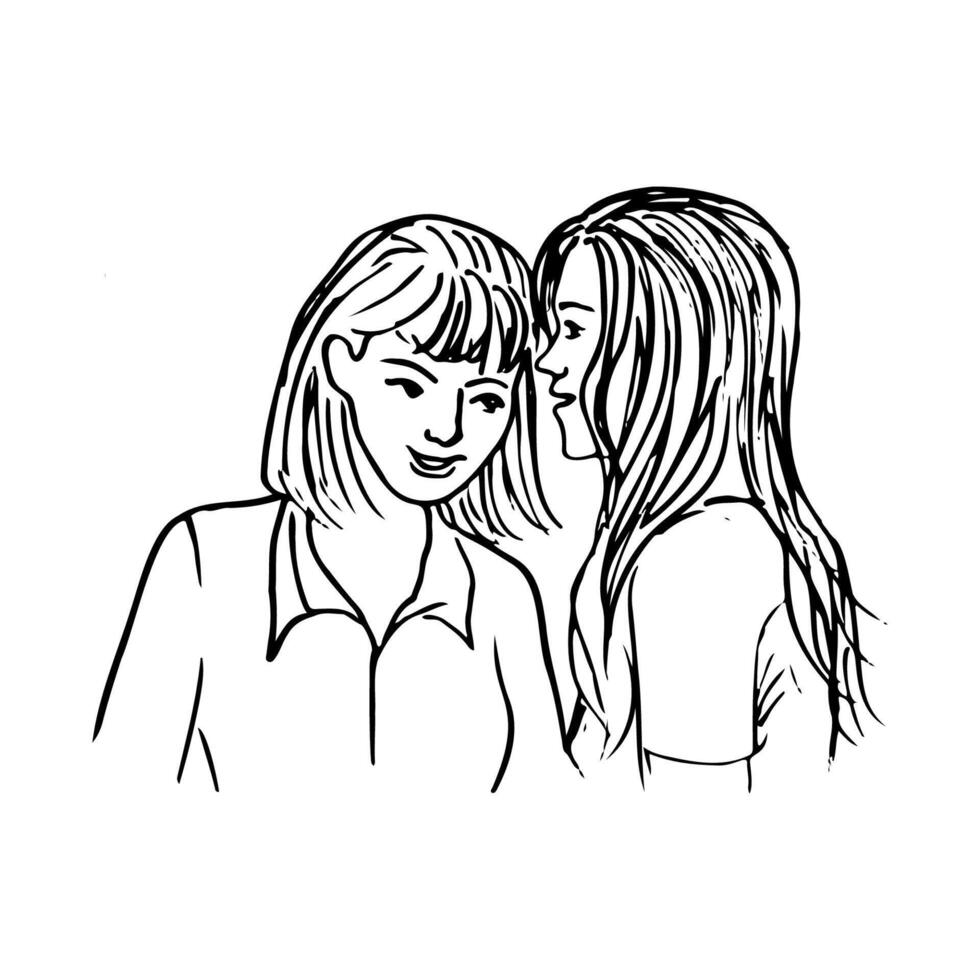 portrait of two girlfriends sharing secrets, women whispering - hand drawn line art drawing vector