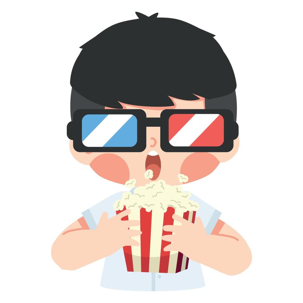 kid wearing 3D glasses holding popcorn vector