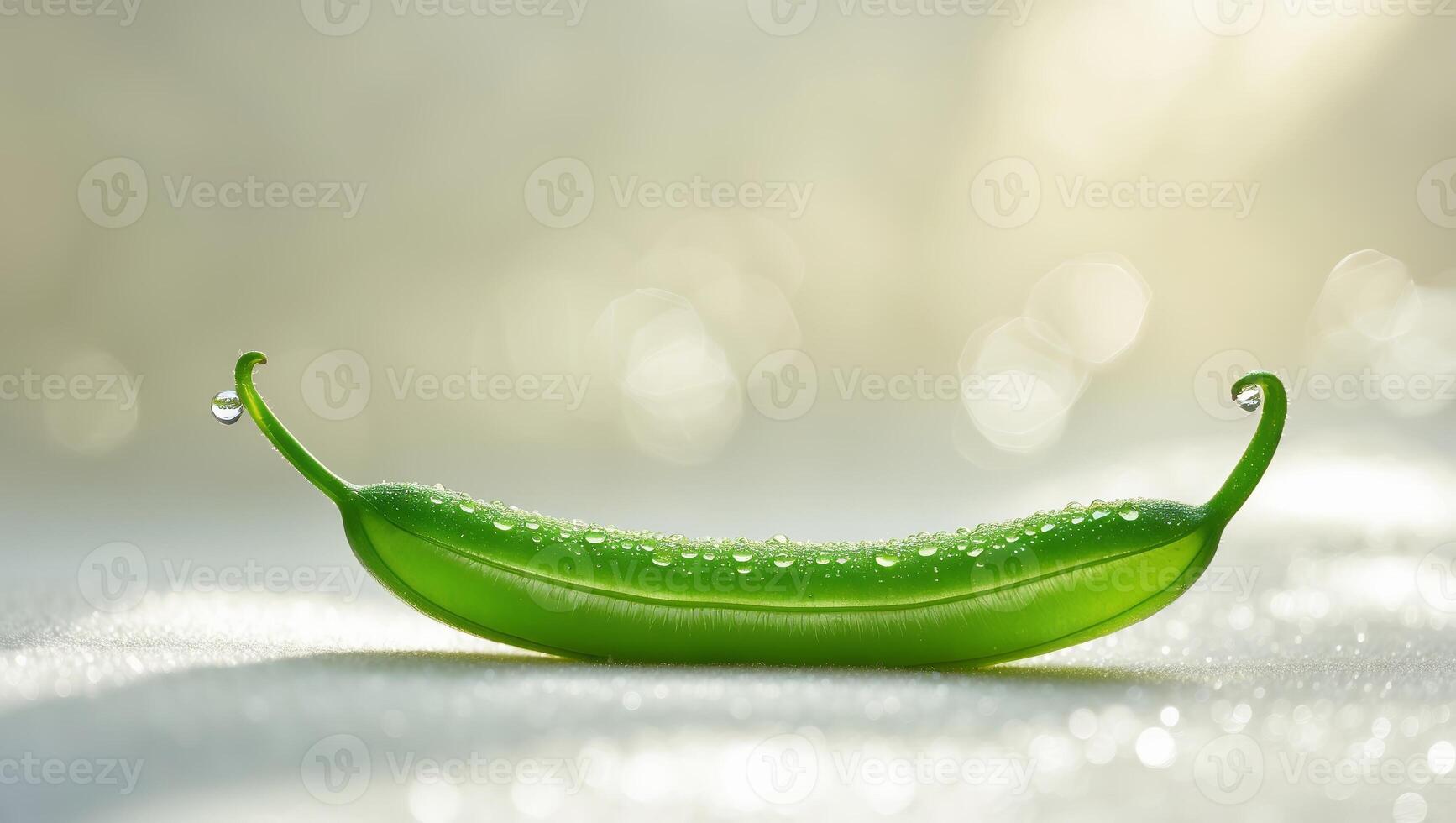 Fresh green pea pod glistening with droplets of water on a light background in a serene kitchen setting photo