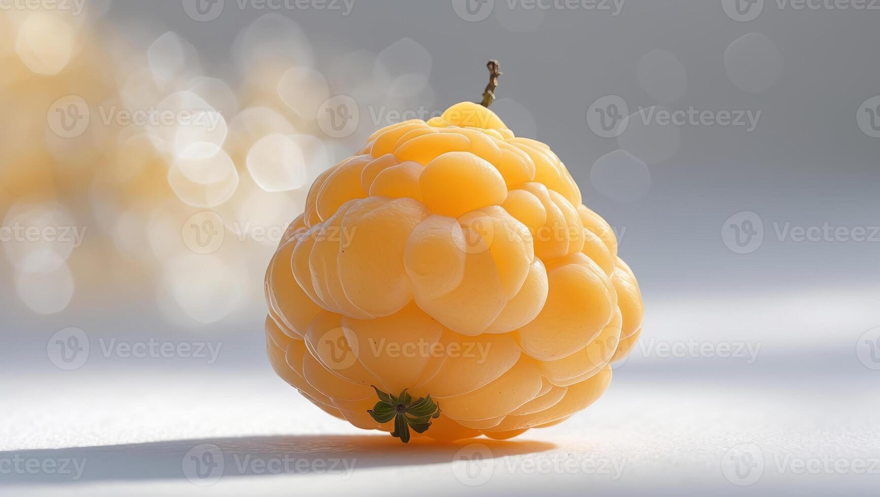 Yellow raspberry resting on a light surface with a bokeh background and warm soft lighting photo