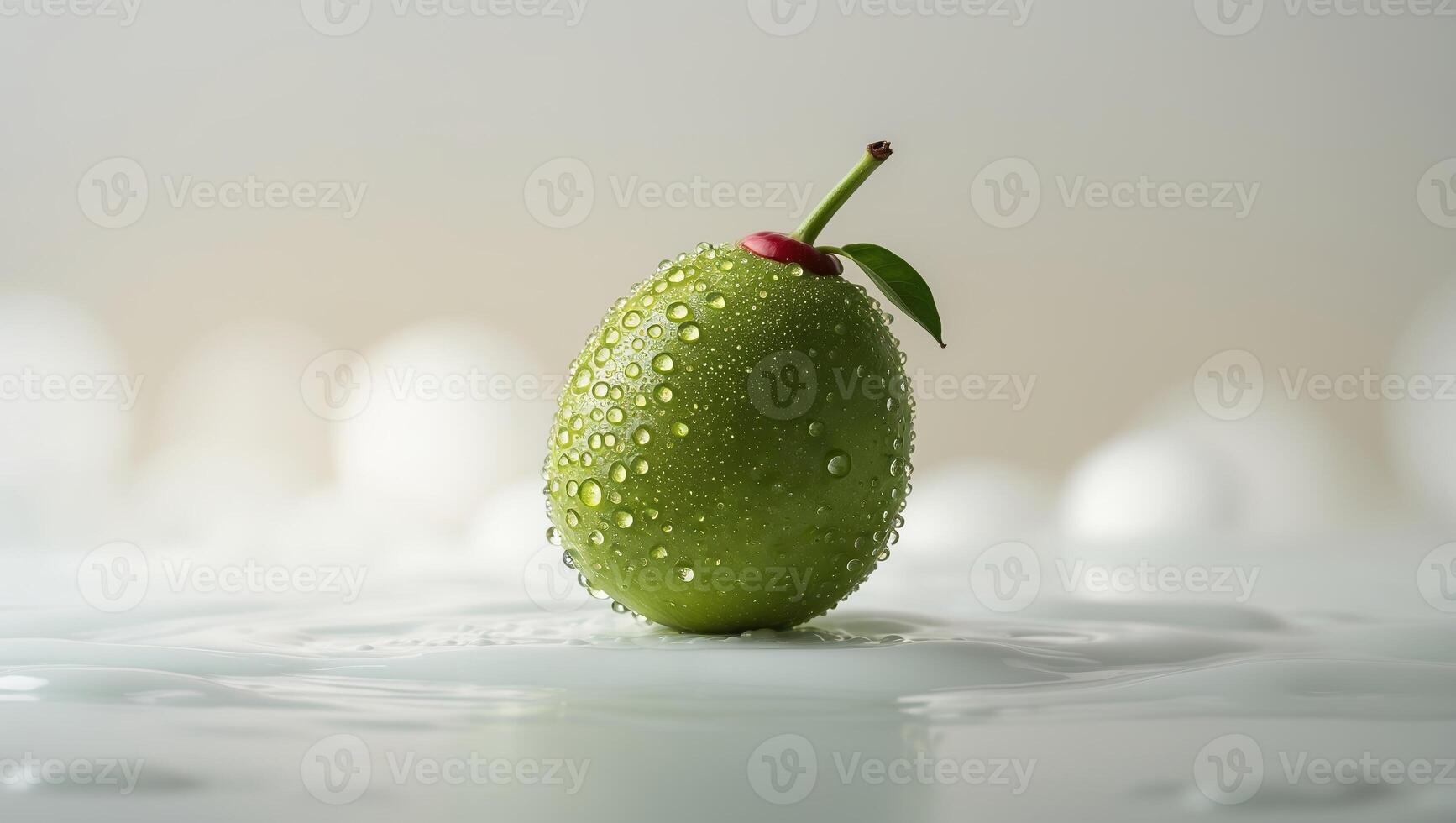 Fresh green olive with water droplets on a smooth surface ready for culinary applications photo