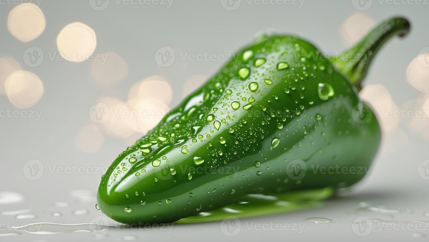 Fresh green jalapeno pepper with water droplets showcasing vibrant color and texture against a blurred background photo