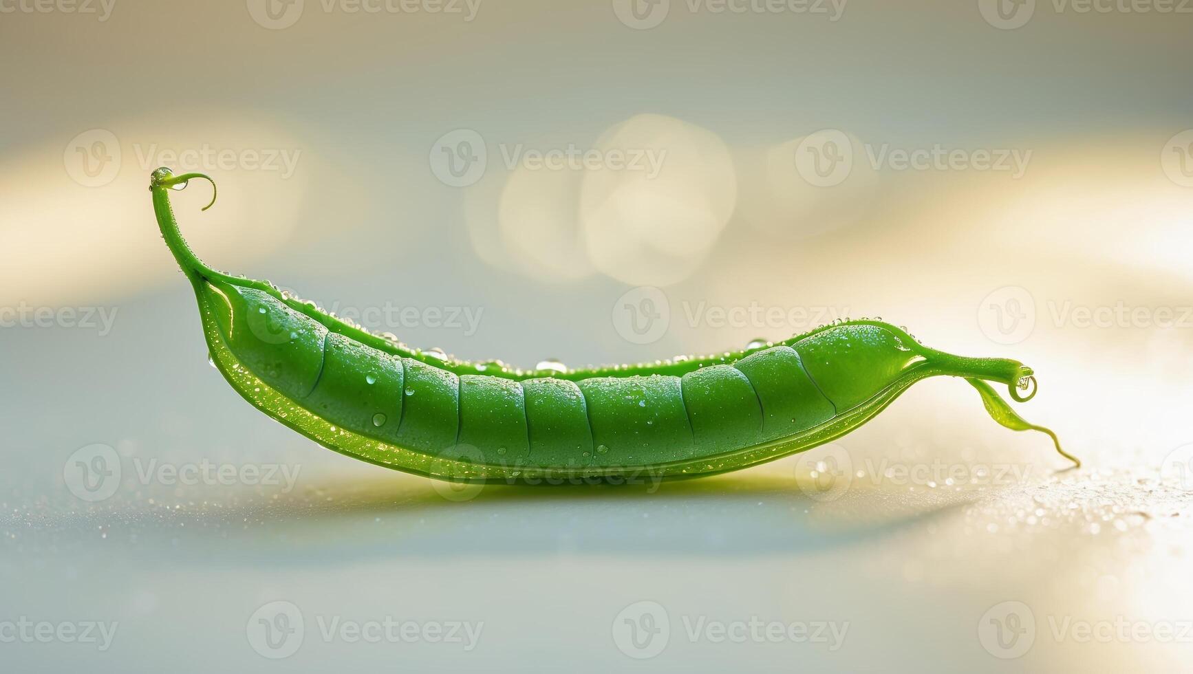 Fresh green pea pod with droplets resting on a flat surface under soft light during morning hours photo