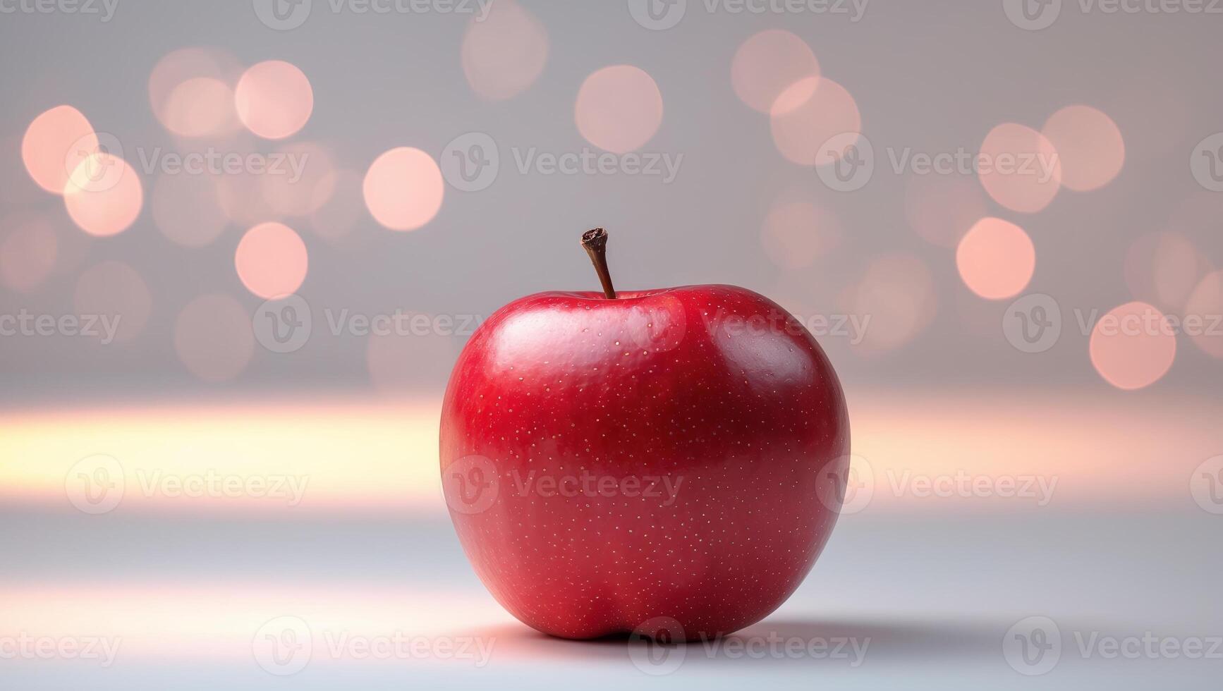 Bright red apple stands alone on a soft surface with a warm bokeh background in a cozy setting photo