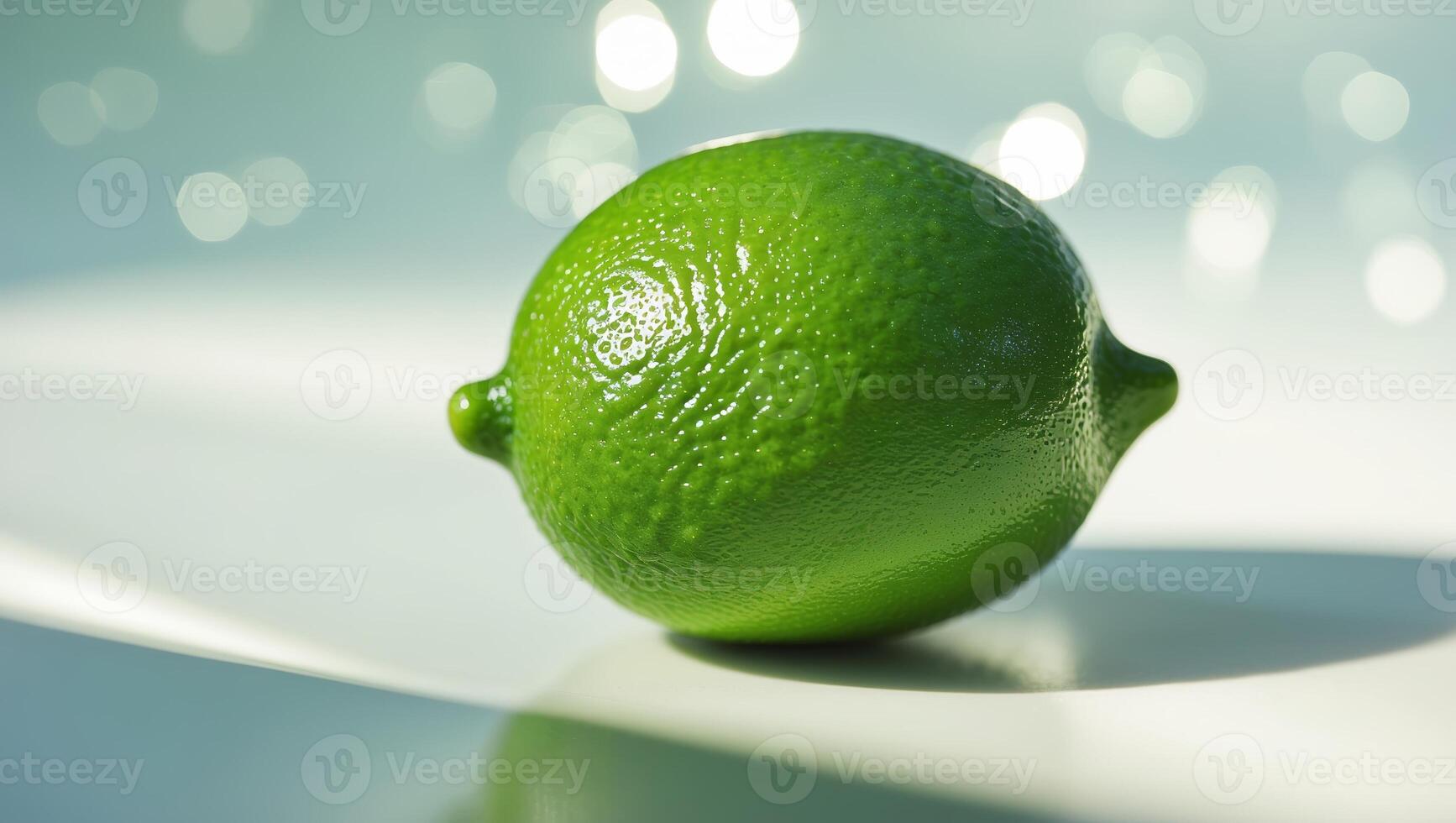 Fresh lime placed on a reflective surface with a blurred background creating a vibrant and refreshing ambiance photo